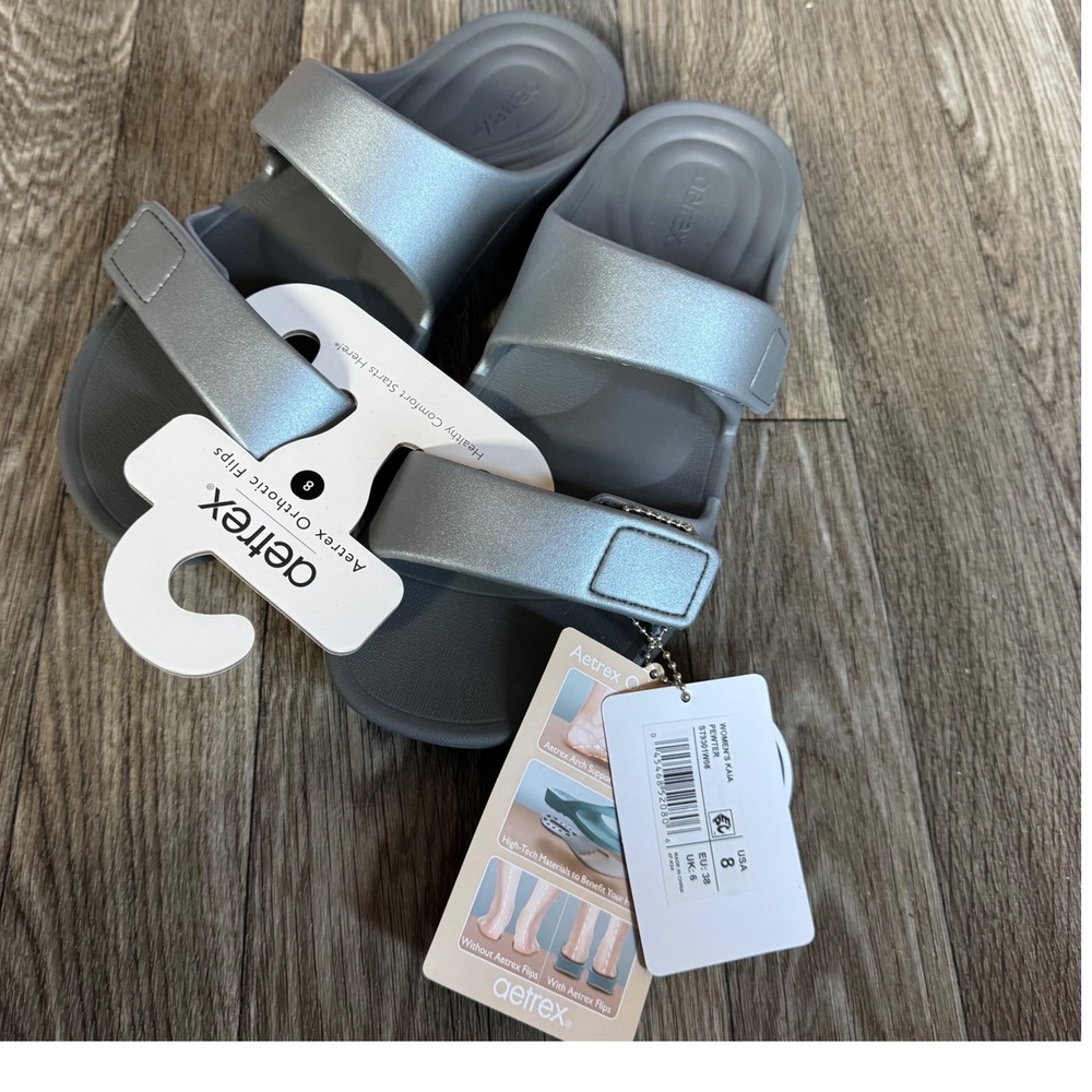 Aetrex Kaia Slide Sandals Womens 8 Pewter Orthotic Adjustable Strap ST9301W08